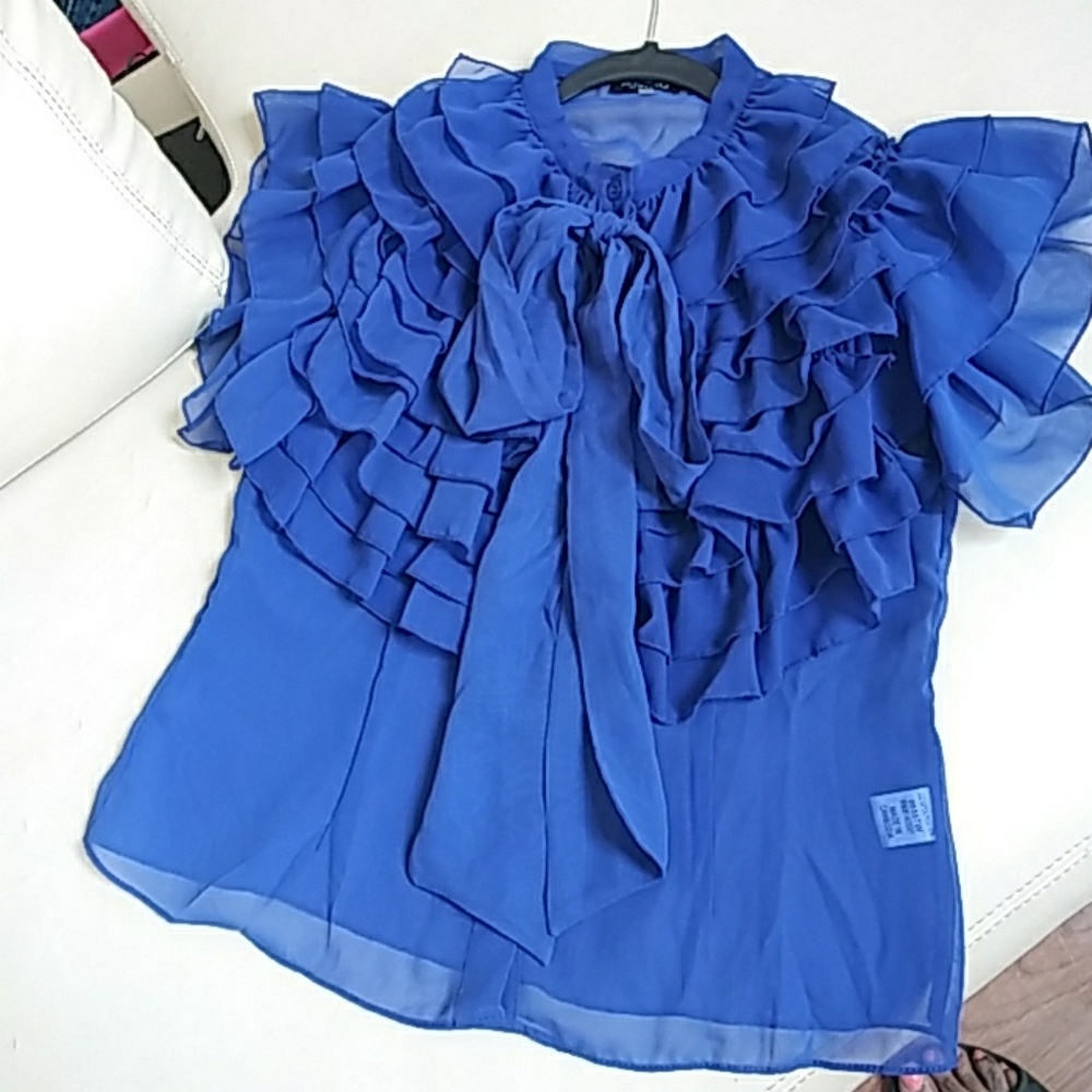 Blue ruffle sheer blouse